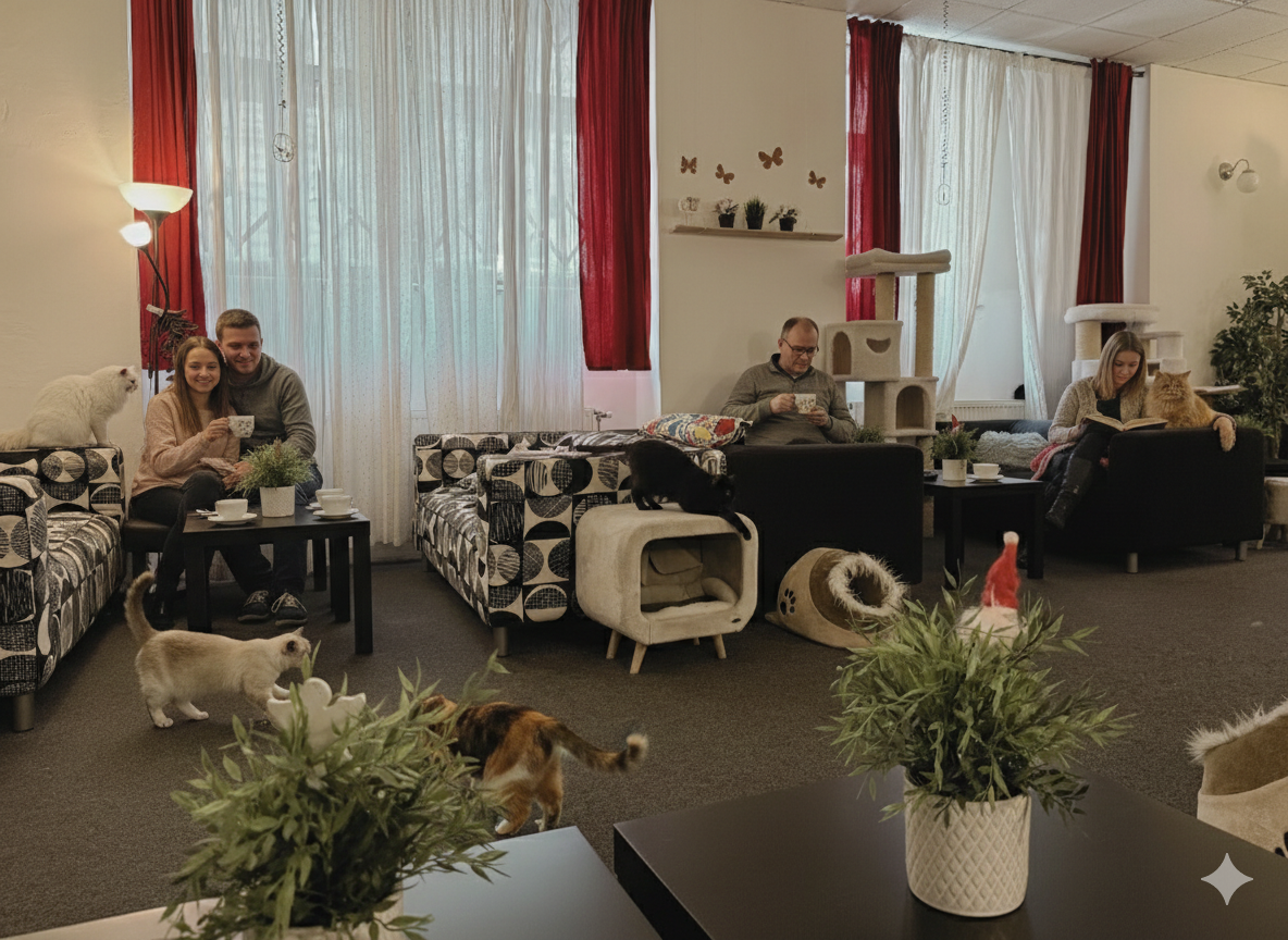 A cat relaxing at the cafe